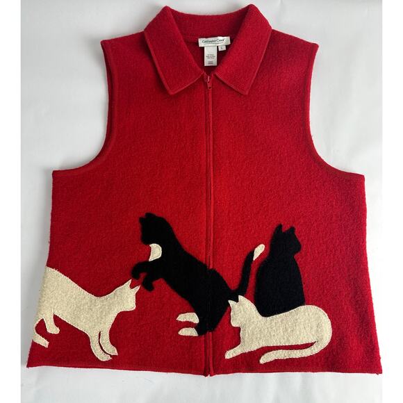 Vintage Coldwater Creek Size Large Boiled Wool Cat Lady Vest Red Kittens - Picture 1 of 6